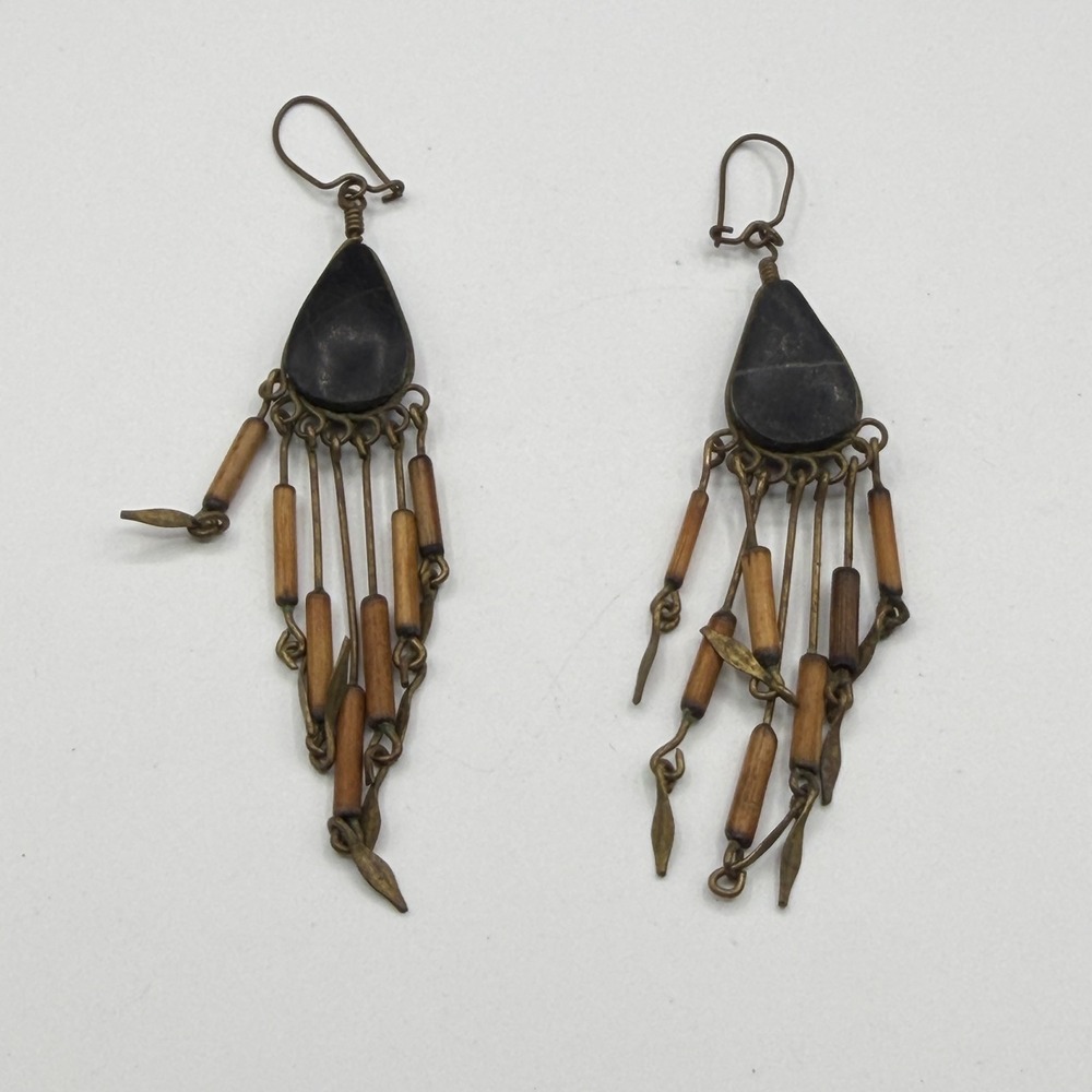 Black Teardrop Wood Bead Brass Tone Chandelier Dangle Boho Earrings Pierced Gift